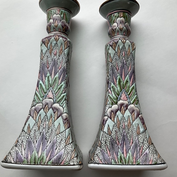 Vintage Chinoiserie Candle Holders Pastel Textured Boho Decor - One Pair… - Picture 6 of 10